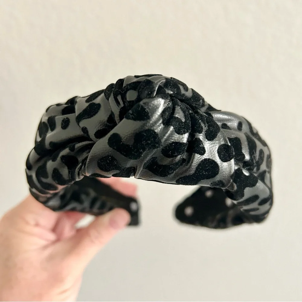 Lele Sadoughi Faux Leather Knotted Headband Black Leopard Print